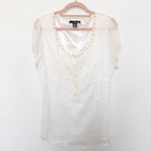 Womens Silk Blouse Size XL White Sheer Embroidered‎ Romantic Fairy Cottagecore